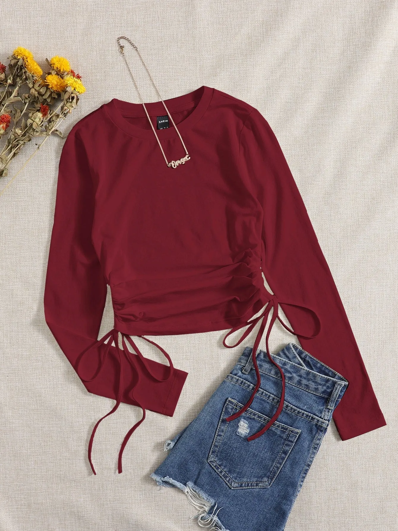 SHEIN Drawstring Ruched Solid Round Neck Crop Tee