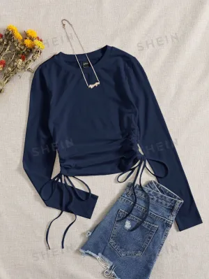 SHEIN Drawstring Ruched Solid Round Neck Crop Tee