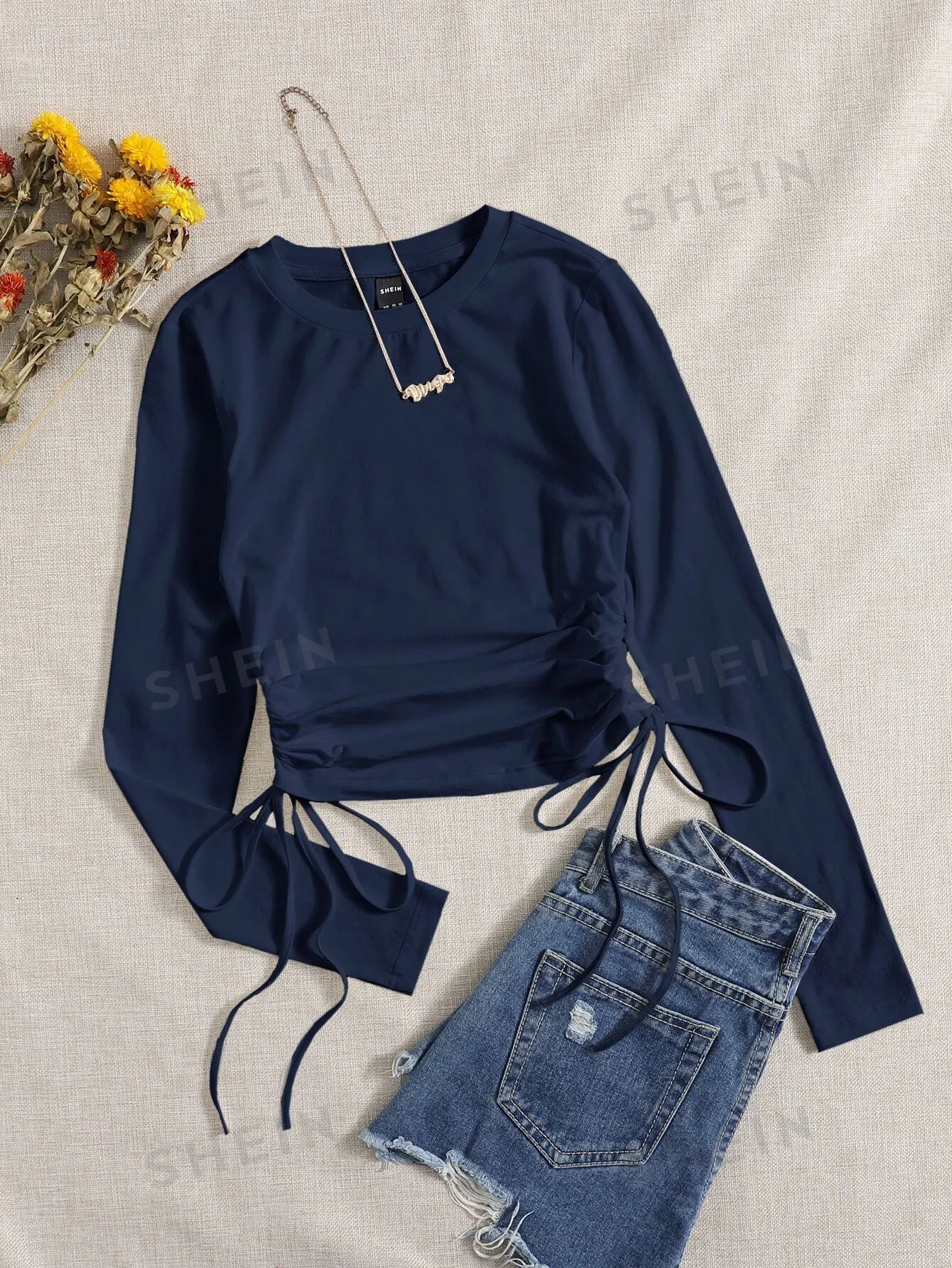 SHEIN Drawstring Ruched Solid Round Neck Crop Tee