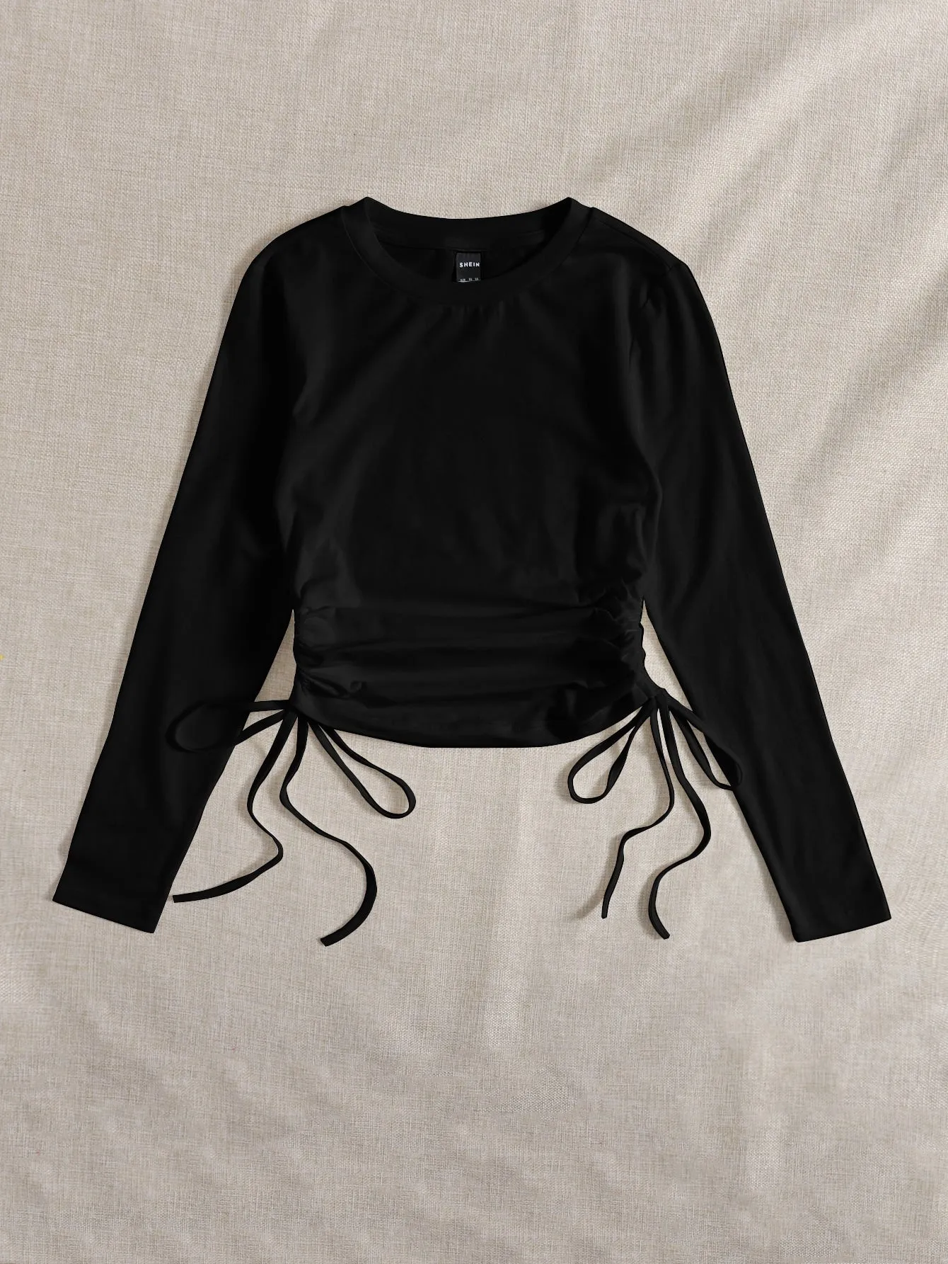 SHEIN Drawstring Ruched Solid Round Neck Crop Tee