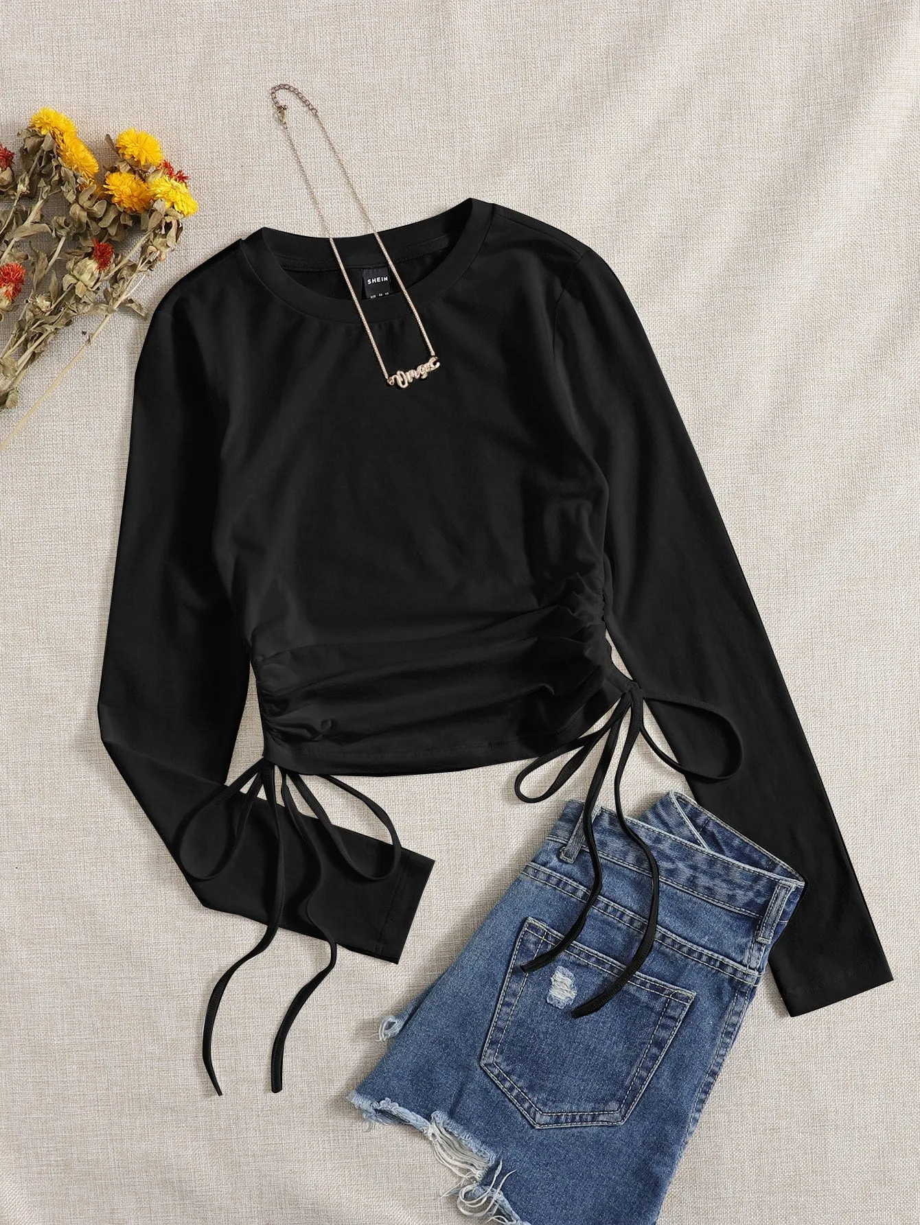 SHEIN Drawstring Ruched Solid Round Neck Crop Tee