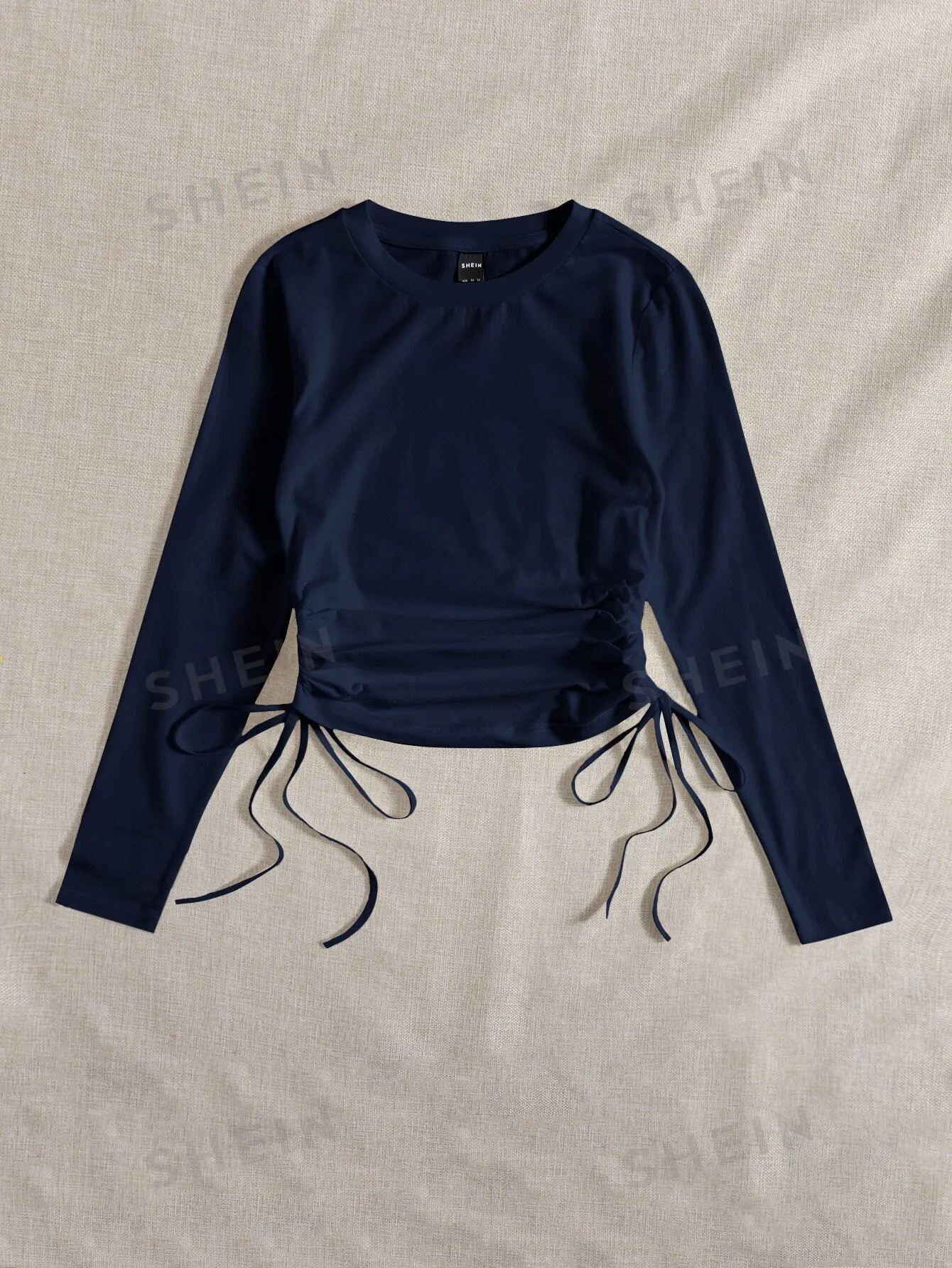 SHEIN Drawstring Ruched Solid Round Neck Crop Tee