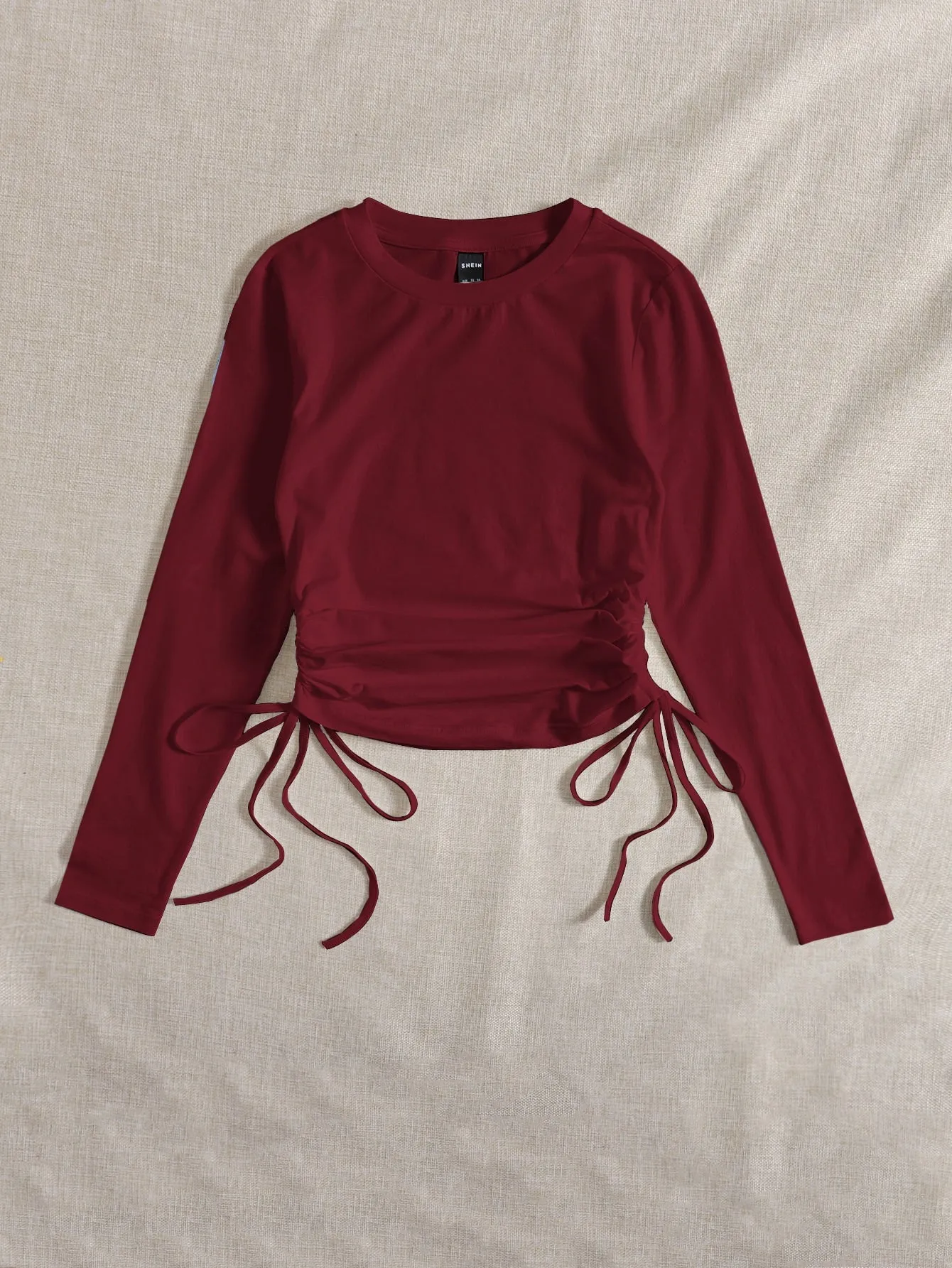 SHEIN Drawstring Ruched Solid Round Neck Crop Tee