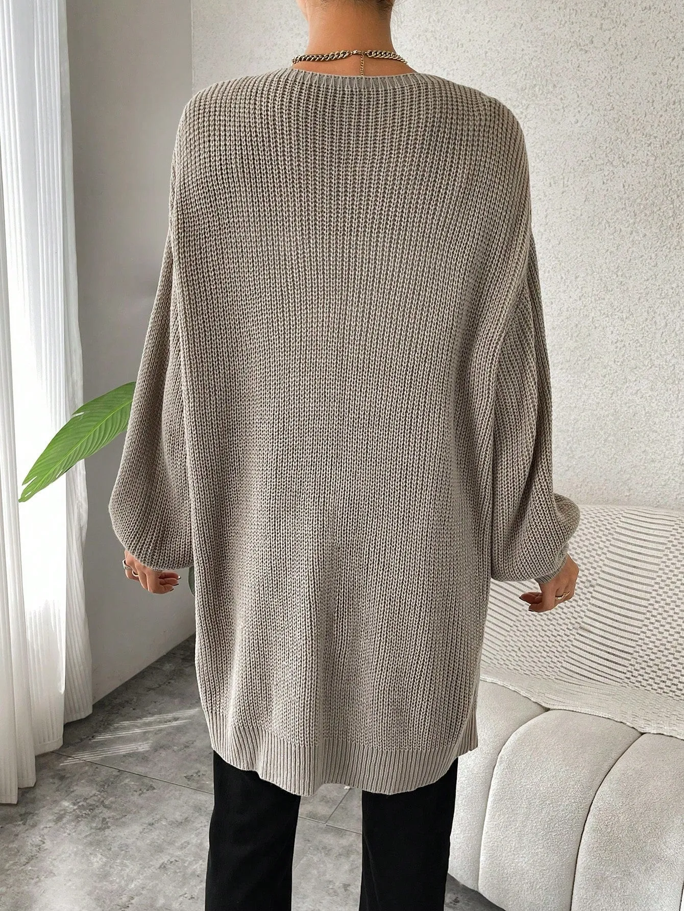 SHEIN Essnce Drop Shoulder Open Front Ribbed Knit Duster Cardigan