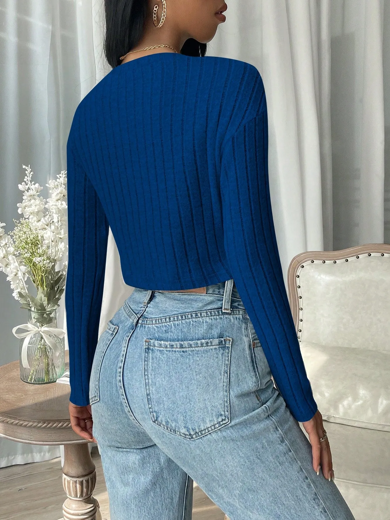 SHEIN EZwear Solid Ribbed Knit Crop Tee