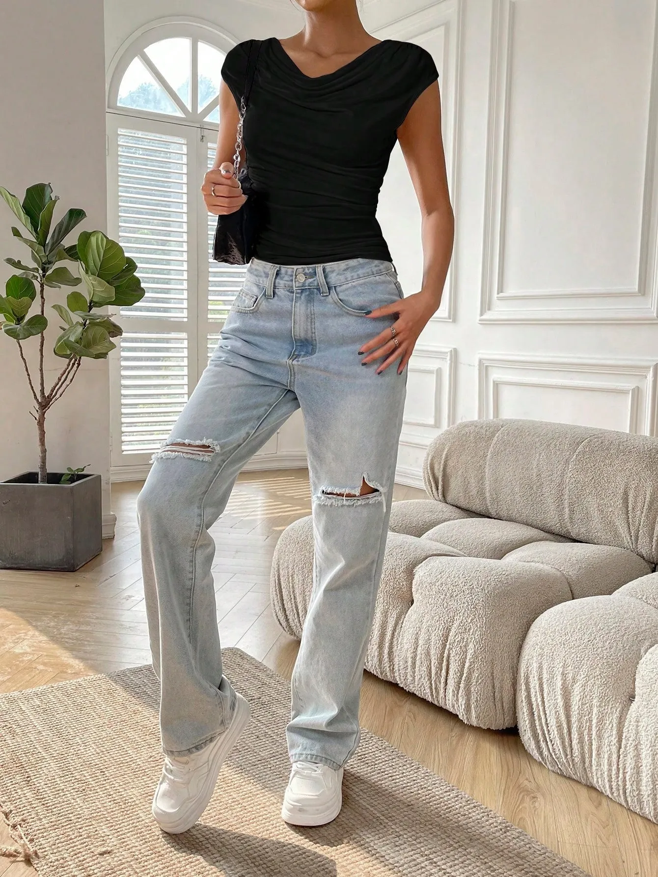 SHEIN EZwear Solid Ruched Side Cowl Neck Tee