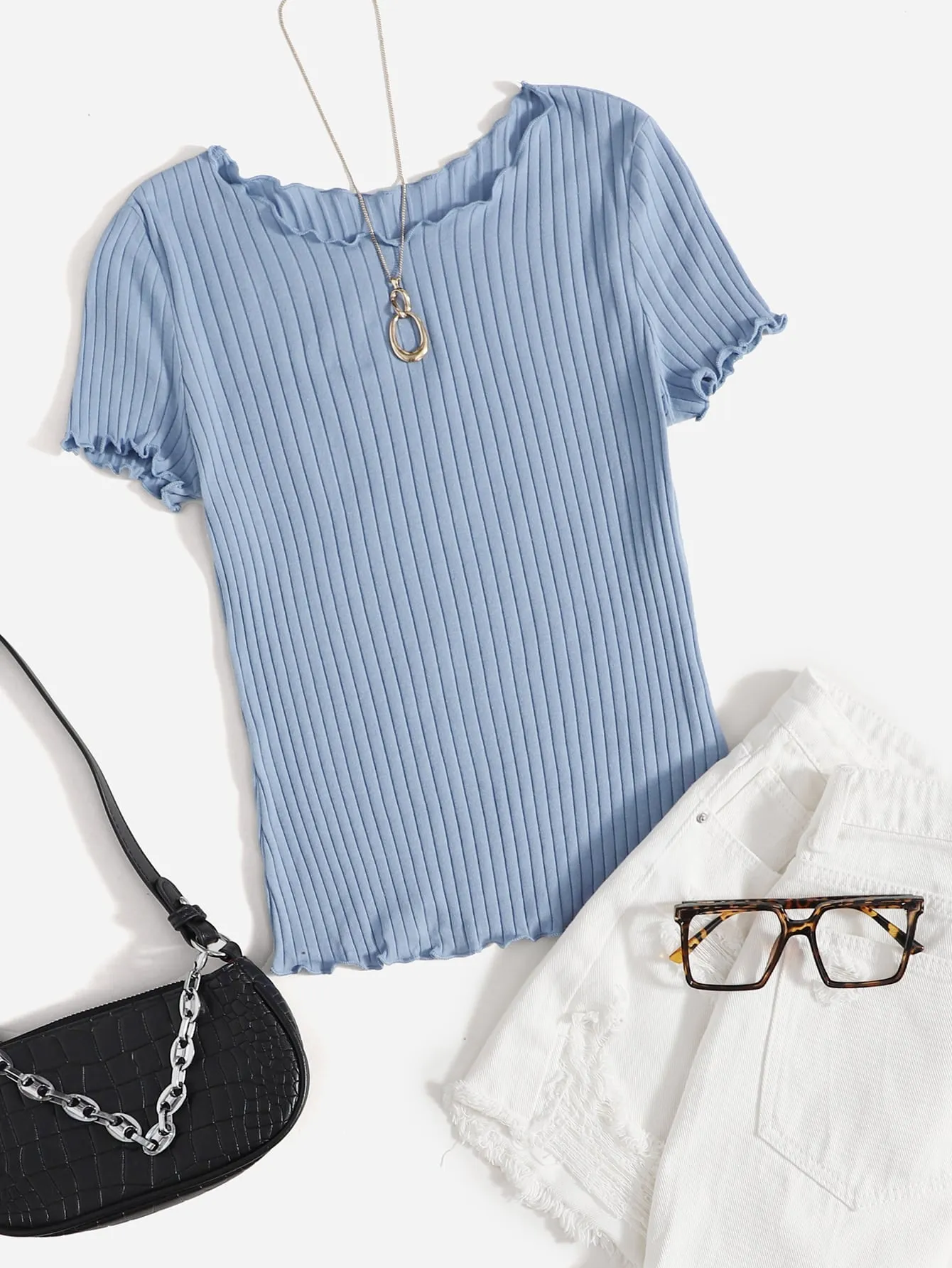 SHEIN Ribbed Lettuce-Edge Form-Fitting Top