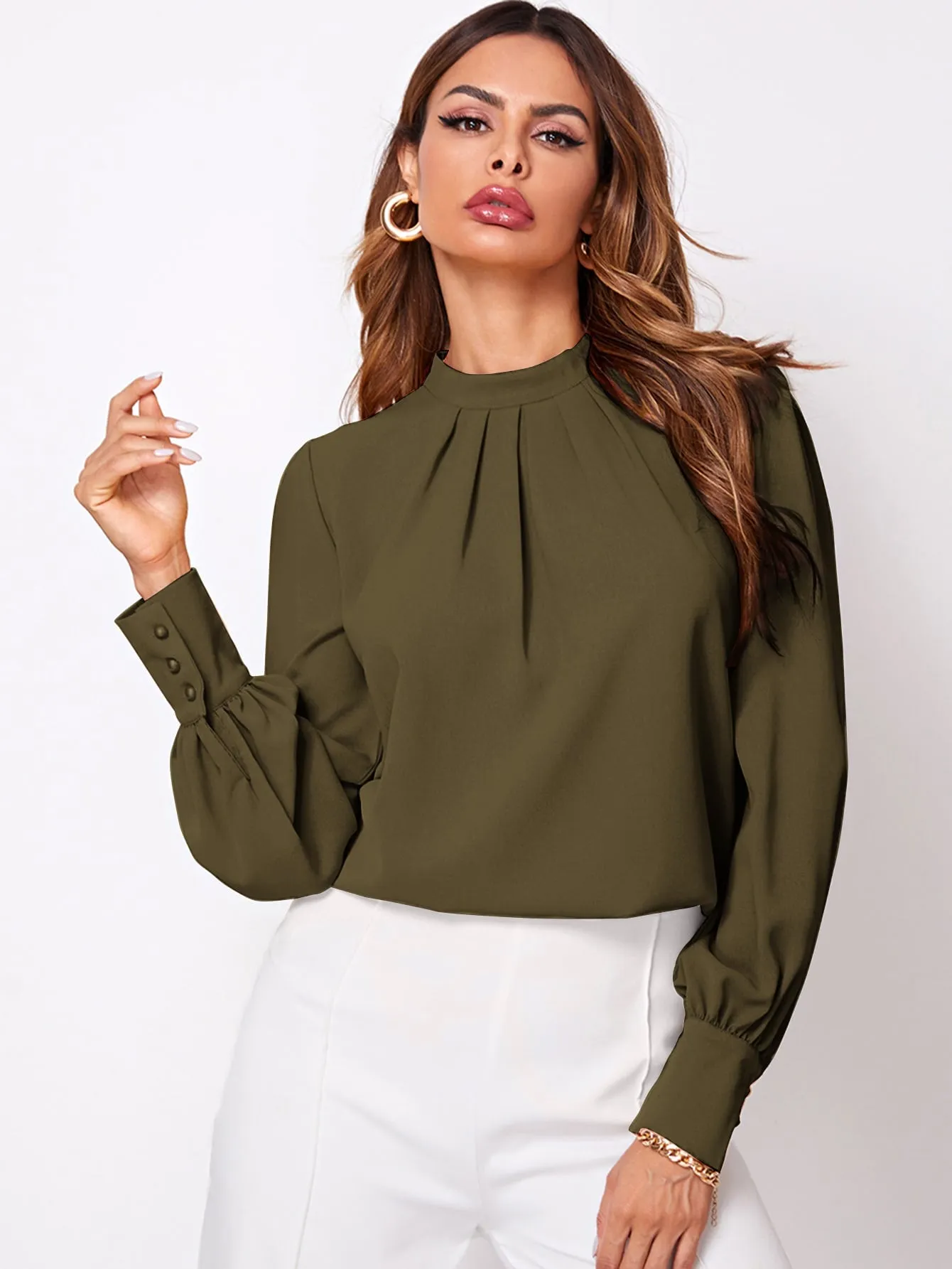 Solid Ruched Keyhole Back Blouse