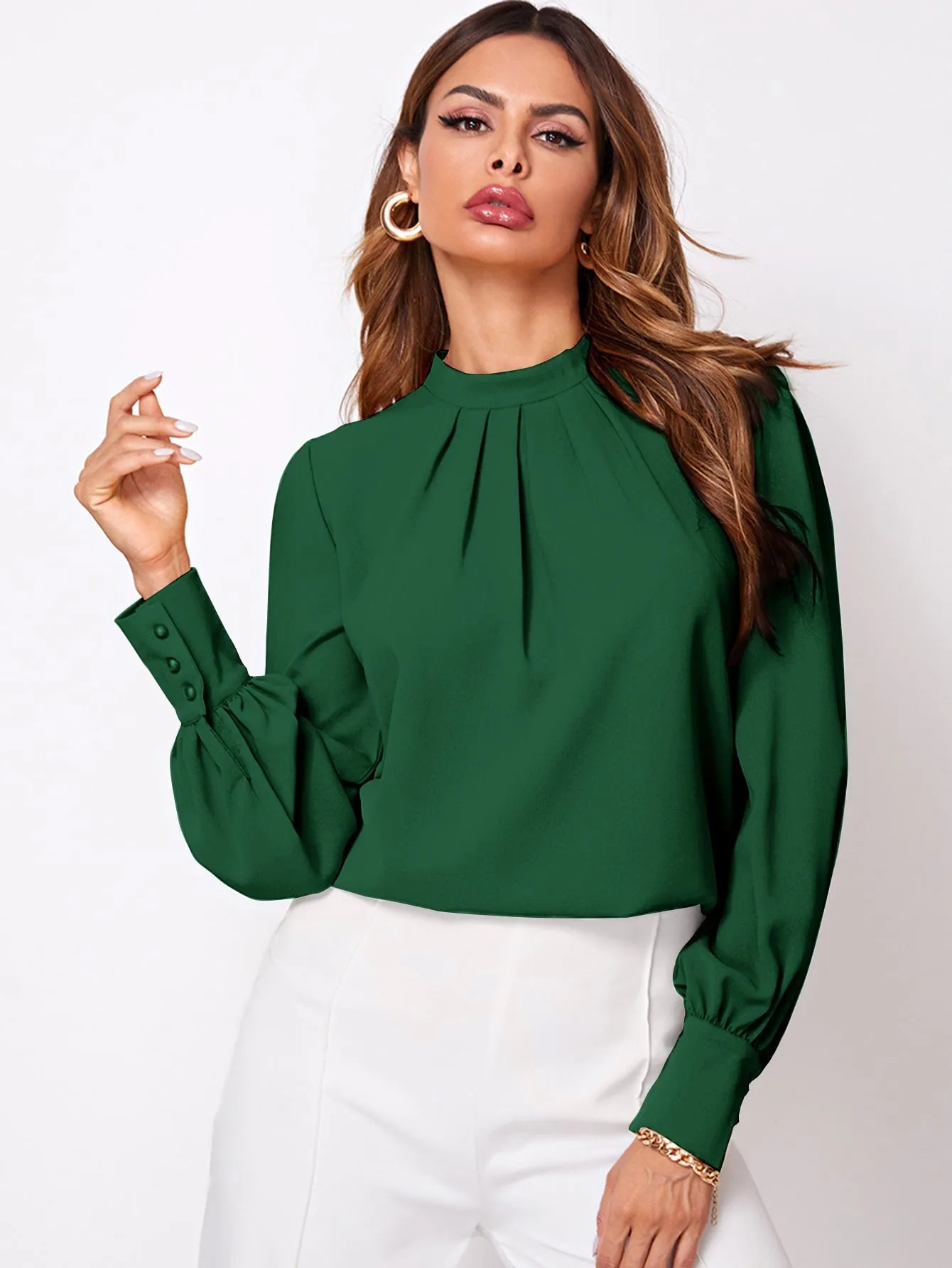 Solid Ruched Keyhole Back Blouse