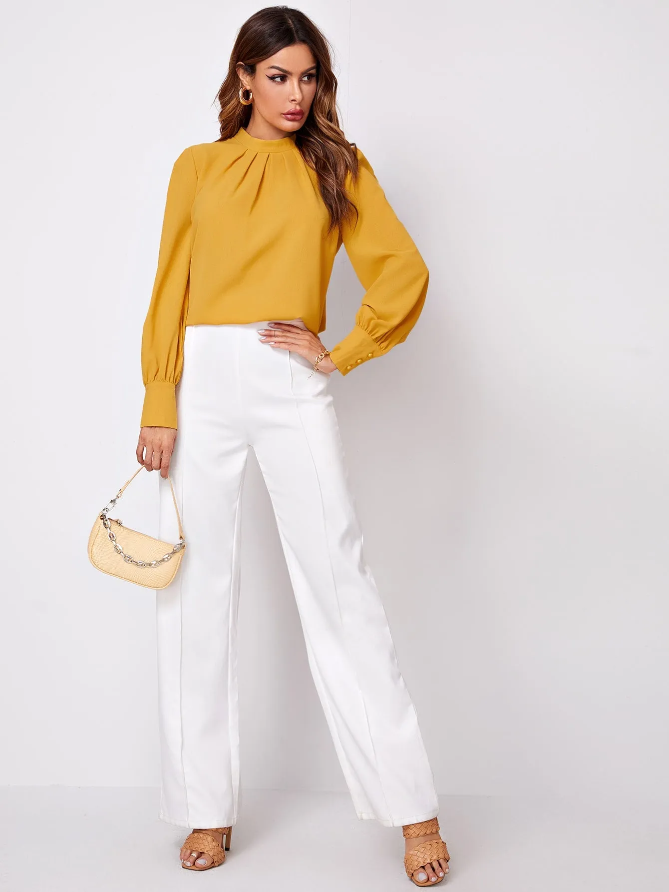 Solid Ruched Keyhole Back Blouse