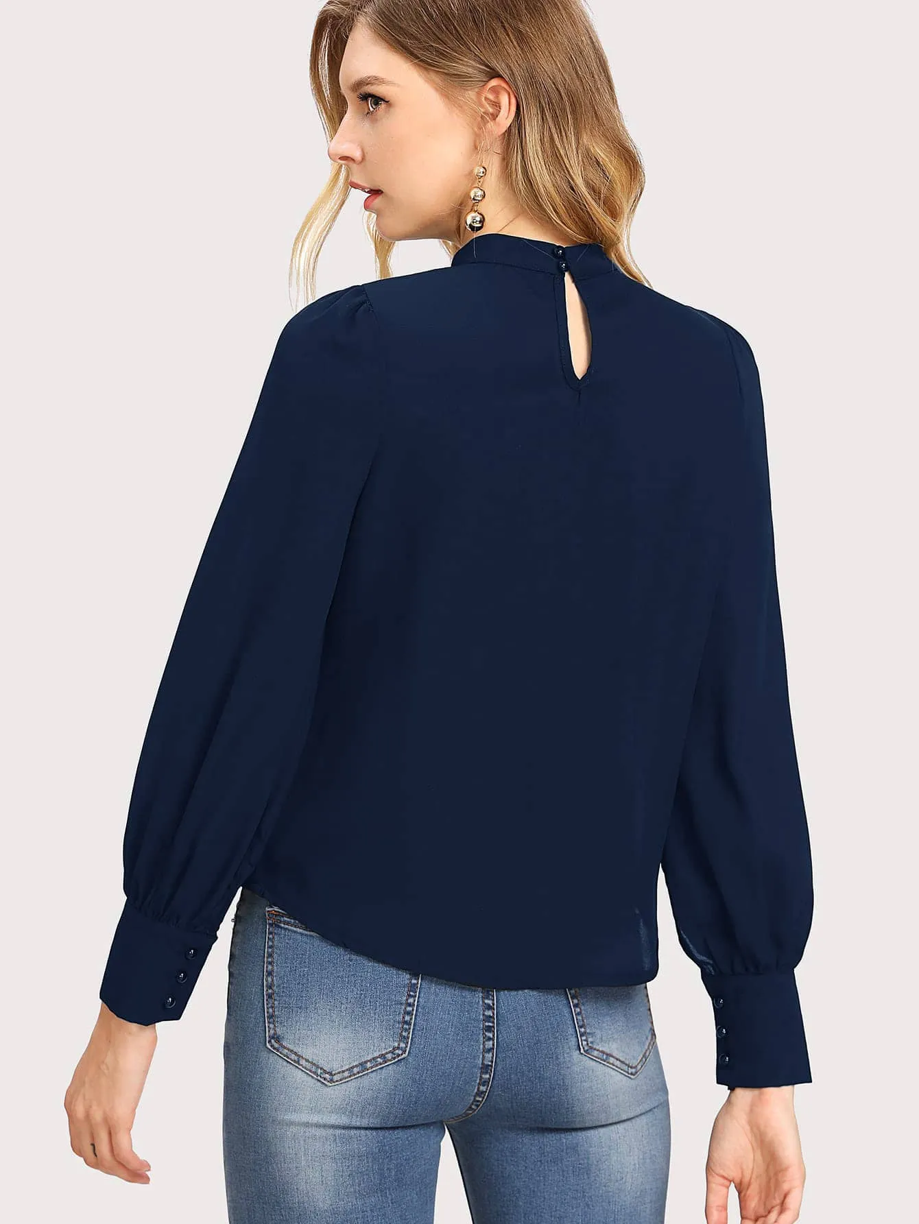 Solid Ruched Keyhole Back Blouse