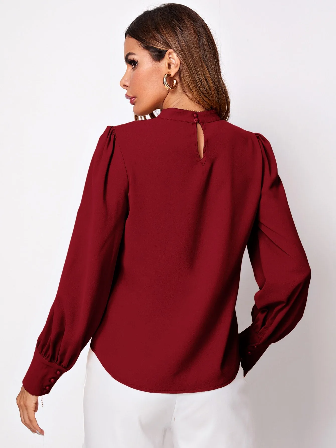 Solid Ruched Keyhole Back Blouse