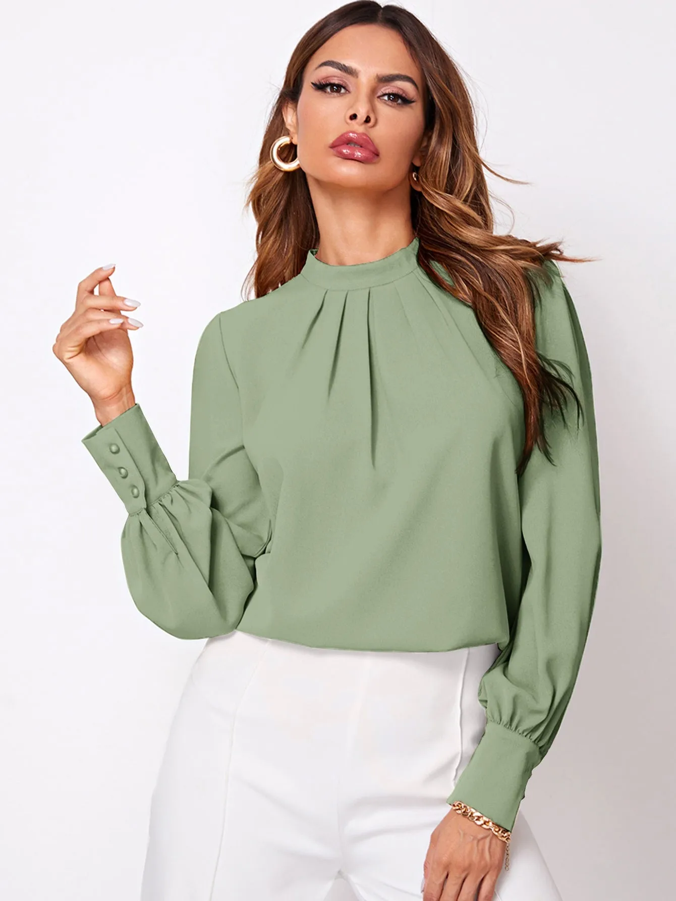 Solid Ruched Keyhole Back Blouse