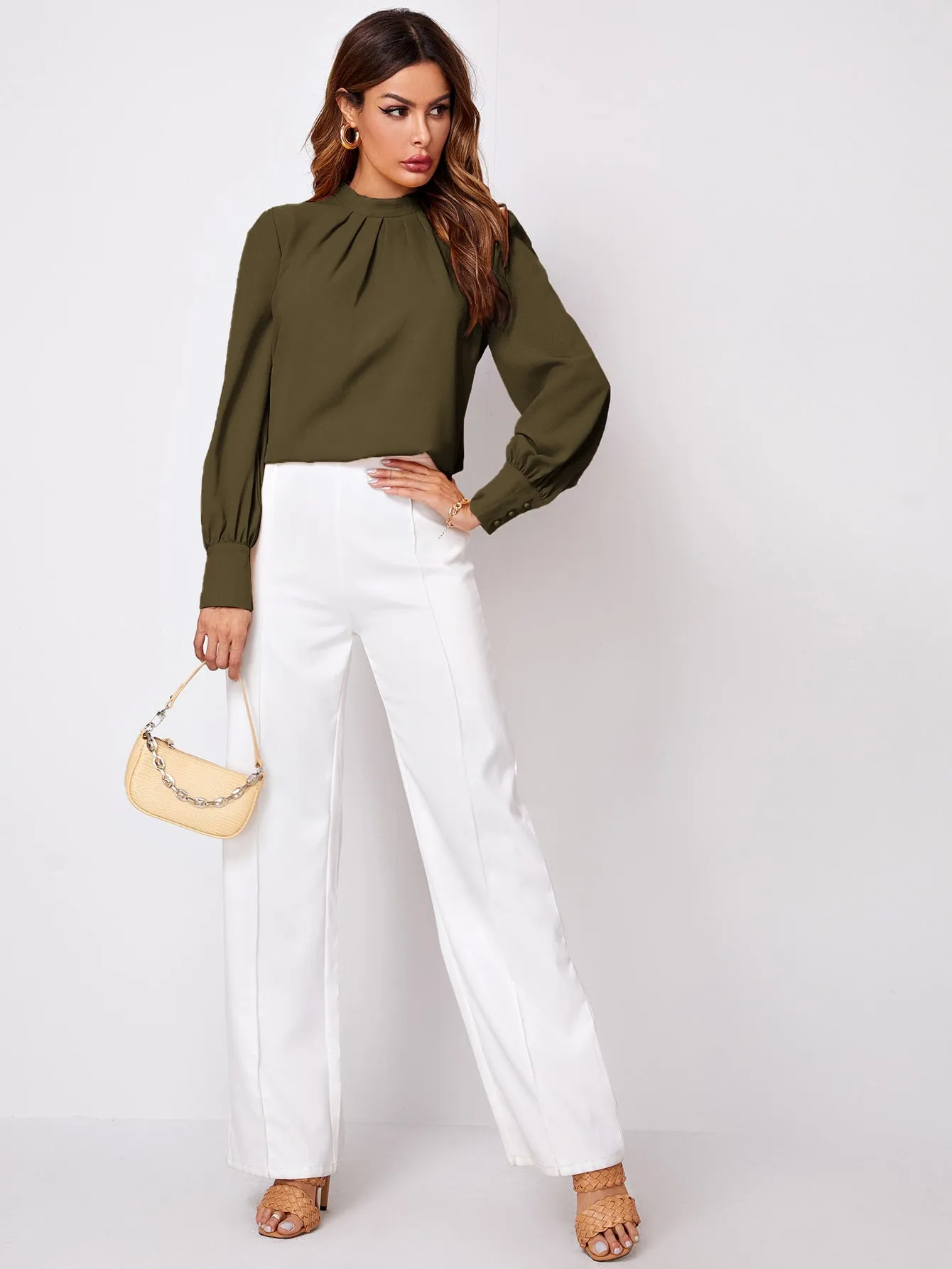 Solid Ruched Keyhole Back Blouse