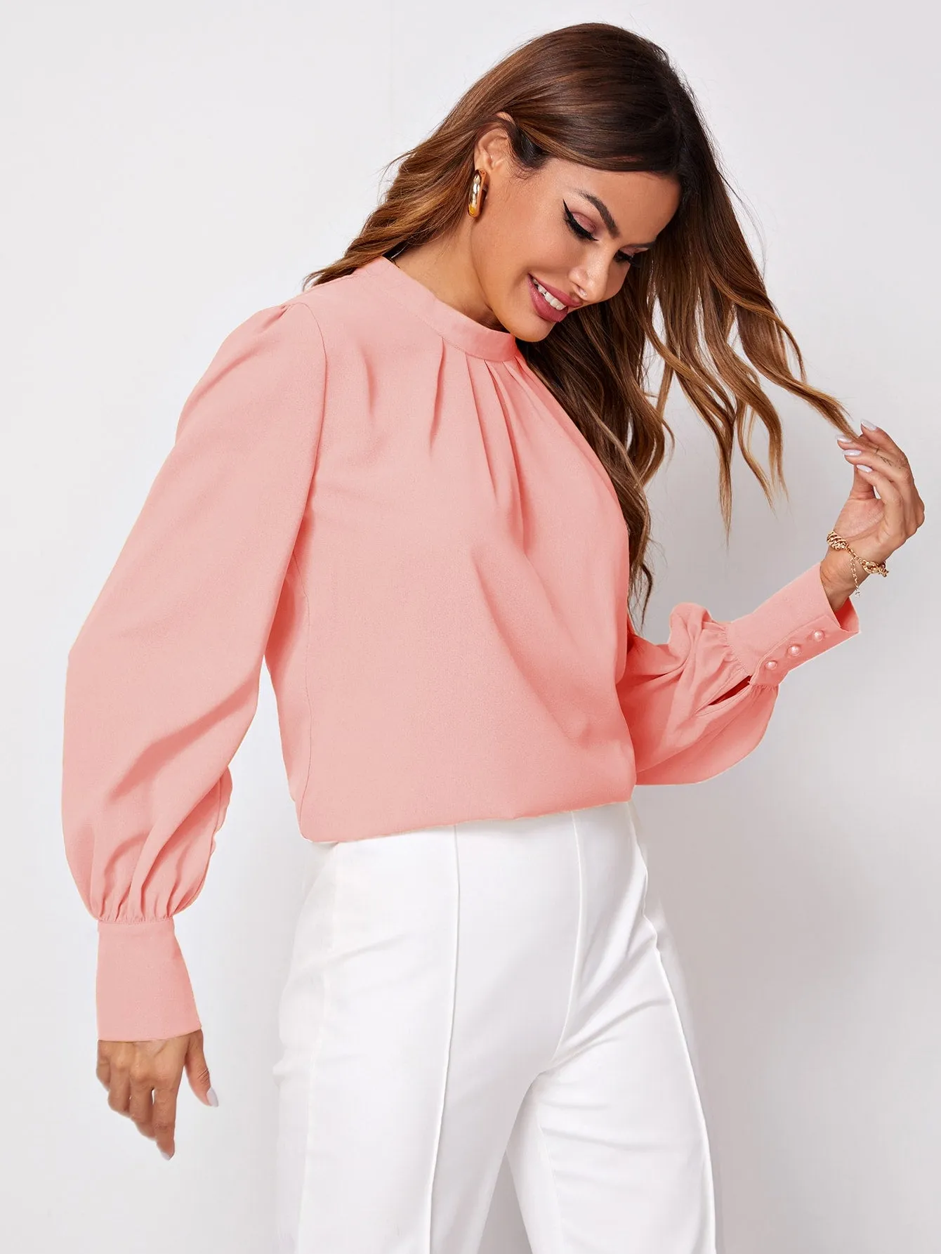 Solid Ruched Keyhole Back Blouse