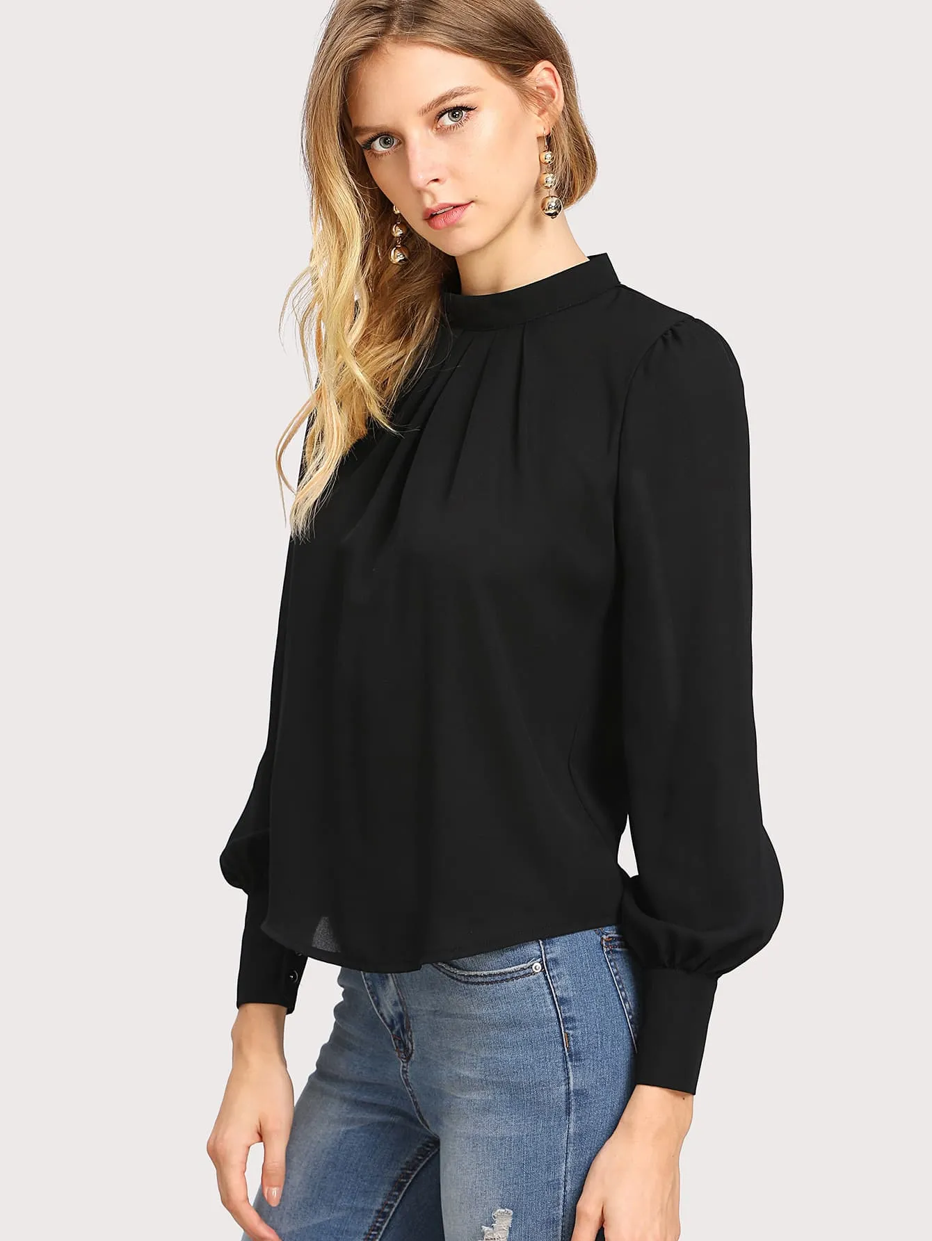 Solid Ruched Keyhole Back Blouse
