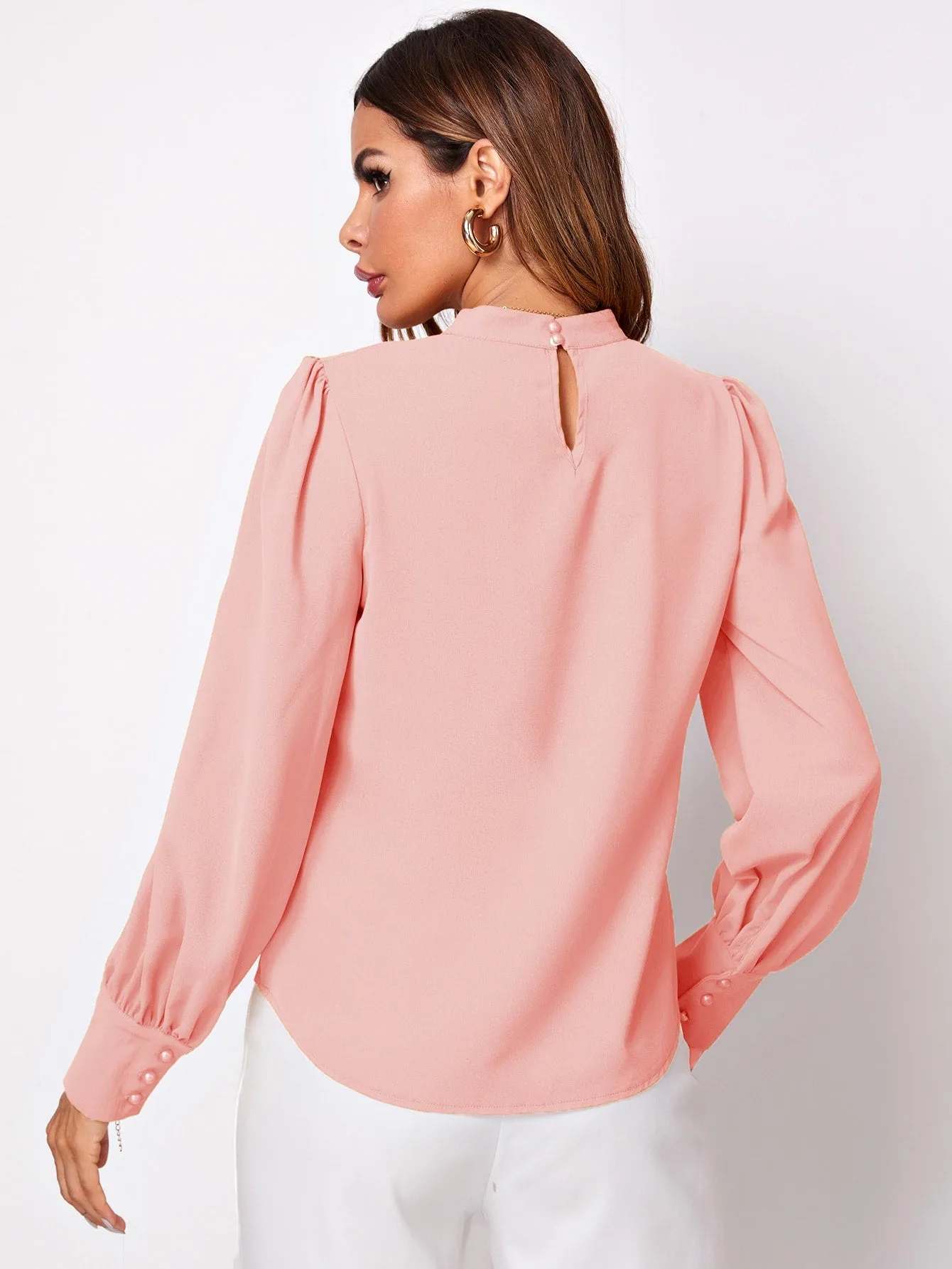 Solid Ruched Keyhole Back Blouse