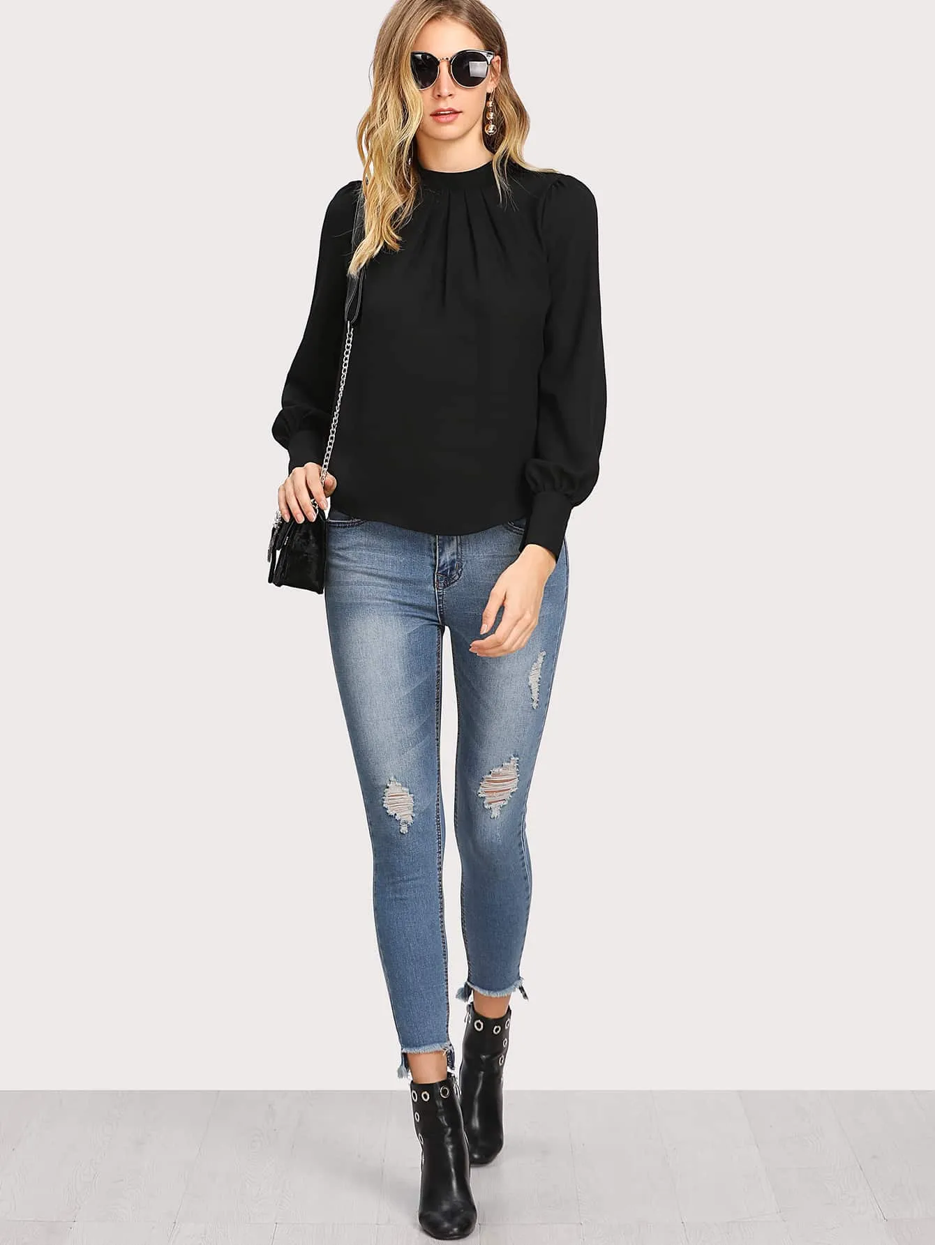Solid Ruched Keyhole Back Blouse