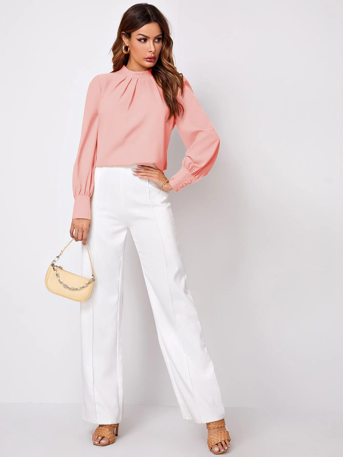 Solid Ruched Keyhole Back Blouse