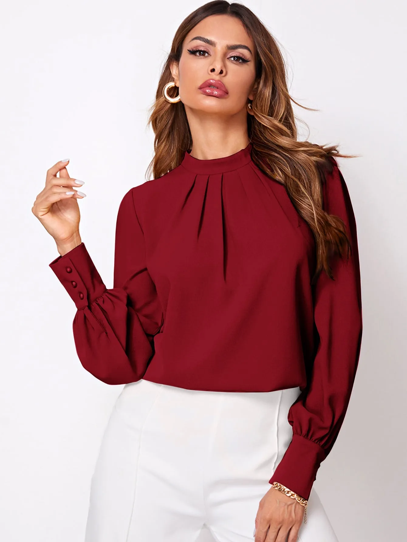 Solid Ruched Keyhole Back Blouse