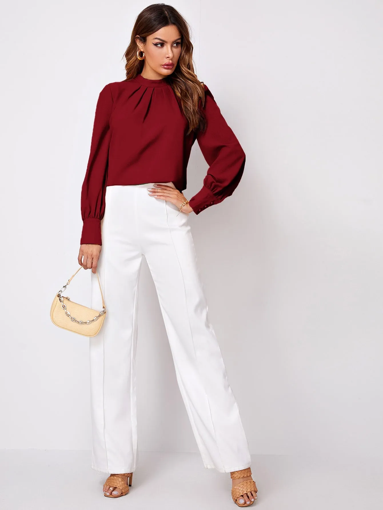 Solid Ruched Keyhole Back Blouse