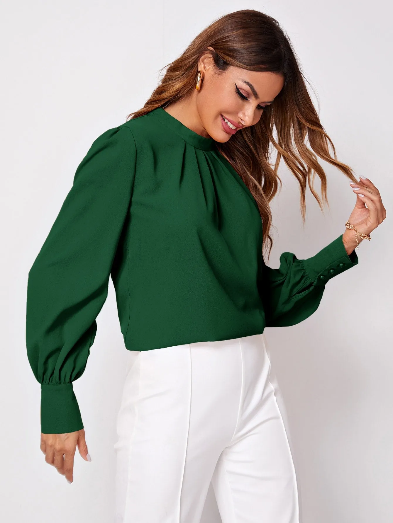 Solid Ruched Keyhole Back Blouse