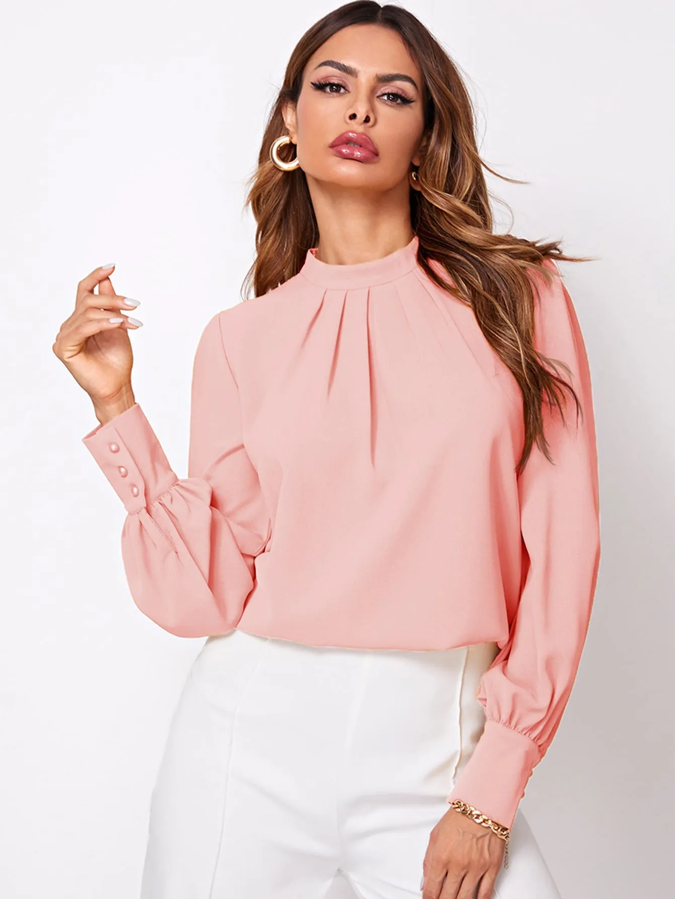 Solid Ruched Keyhole Back Blouse