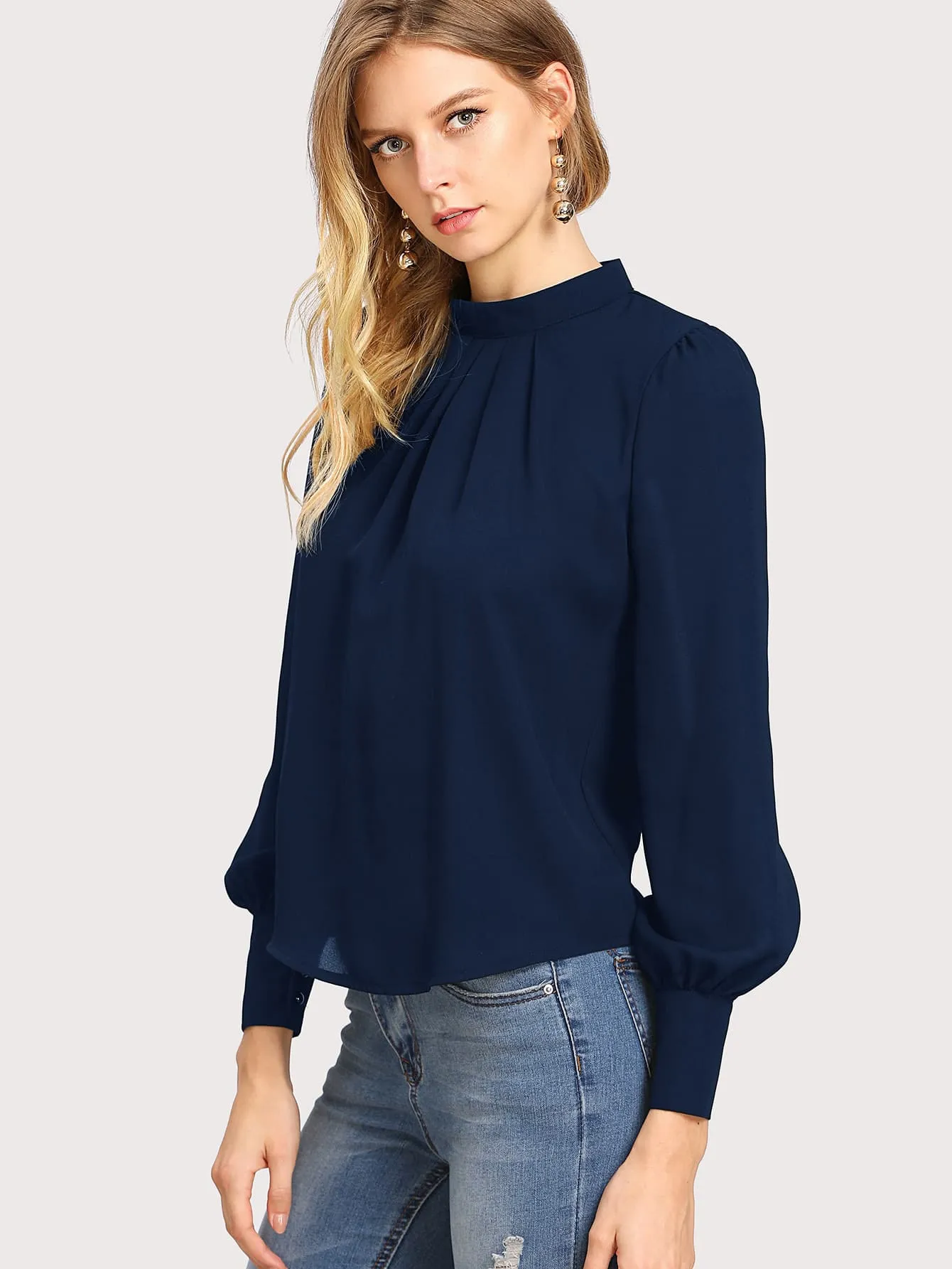 Solid Ruched Keyhole Back Blouse