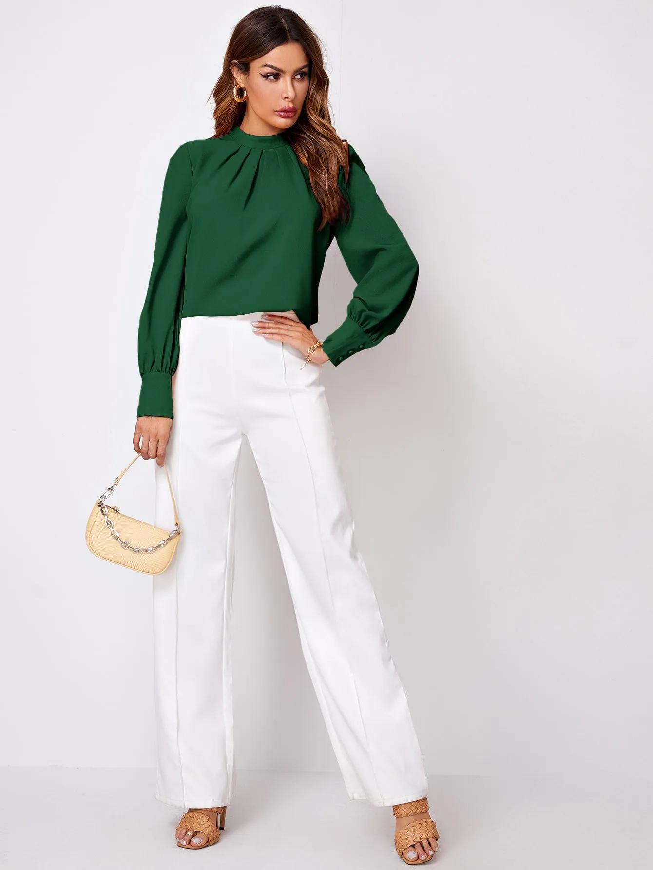 Solid Ruched Keyhole Back Blouse