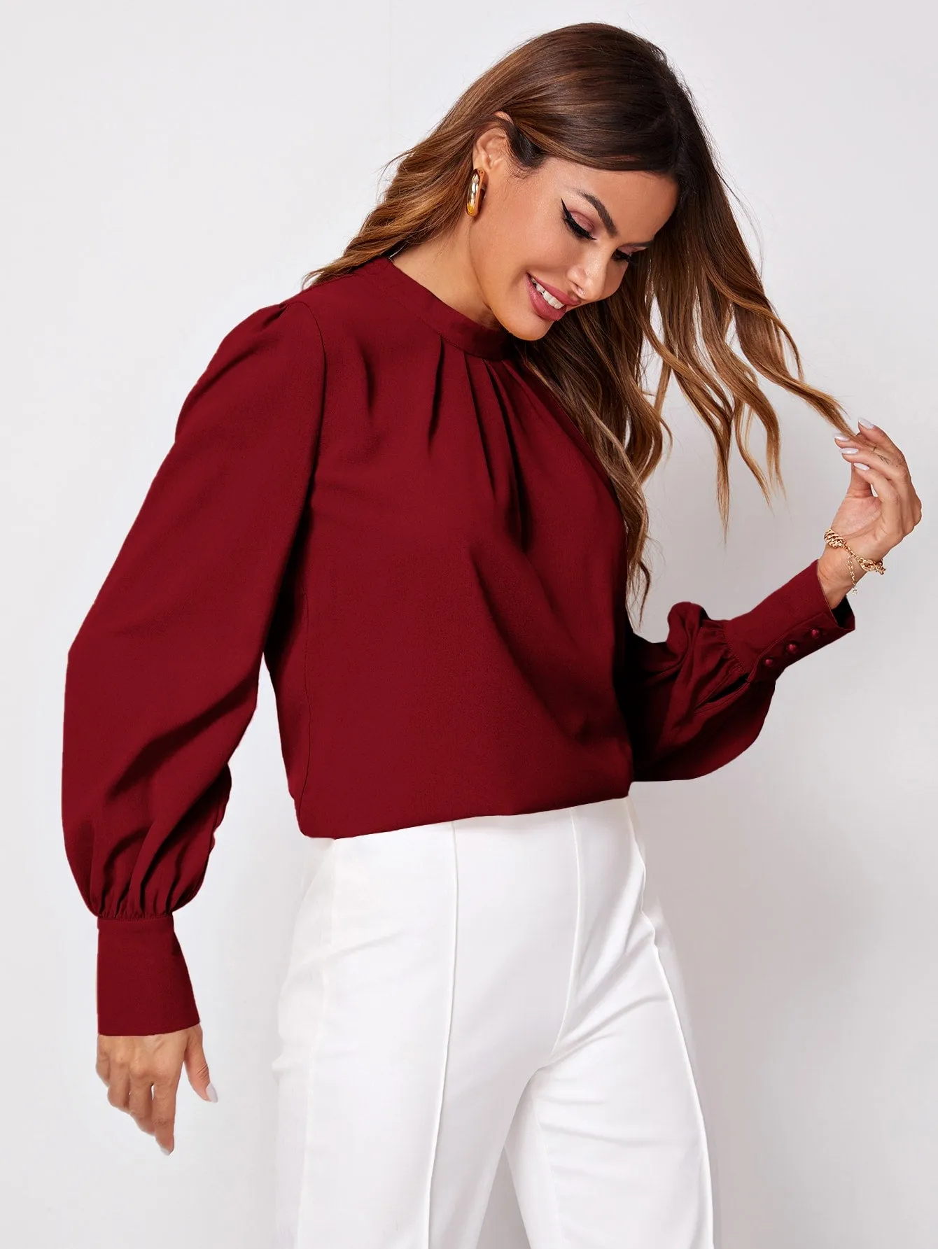 Solid Ruched Keyhole Back Blouse