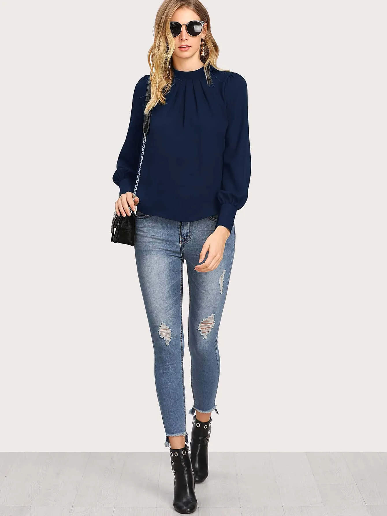 Solid Ruched Keyhole Back Blouse