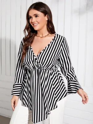 Striped Ruffle Long Sleeve Deep V Neck Regular Plus Size Blouse