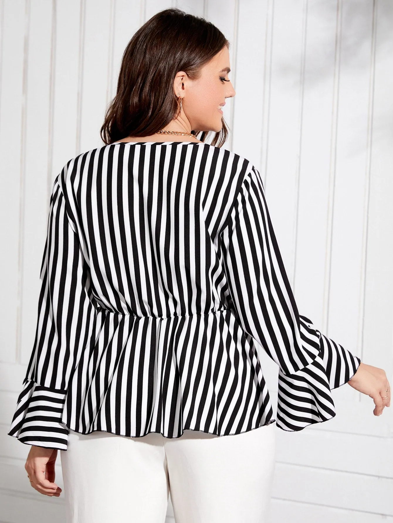 Striped Ruffle Long Sleeve Deep V Neck Regular Plus Size Blouse