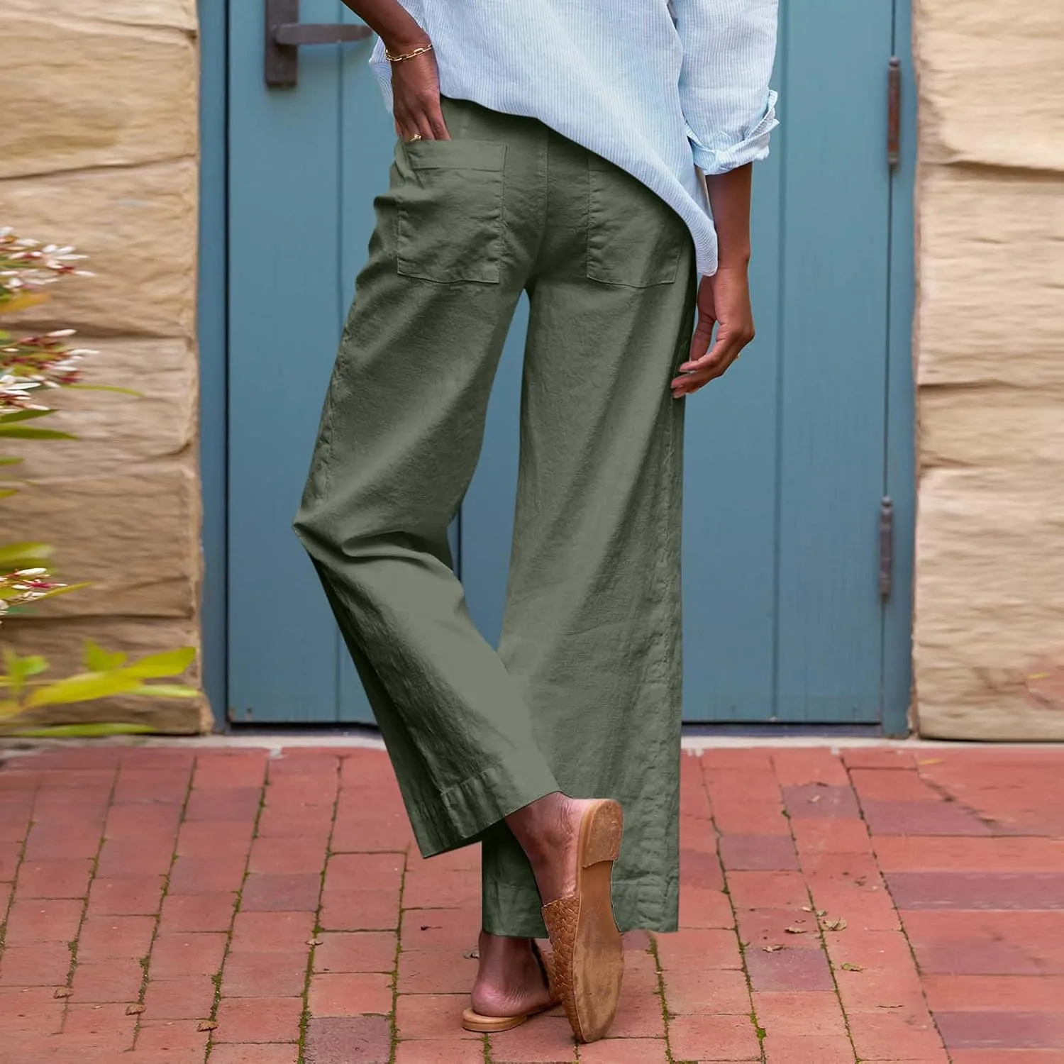 Summer Pants for Women Trendy Linen Elastic Vacation Beach Pants Wide Leg High Rise Solid Trendy Trousers with Pockets