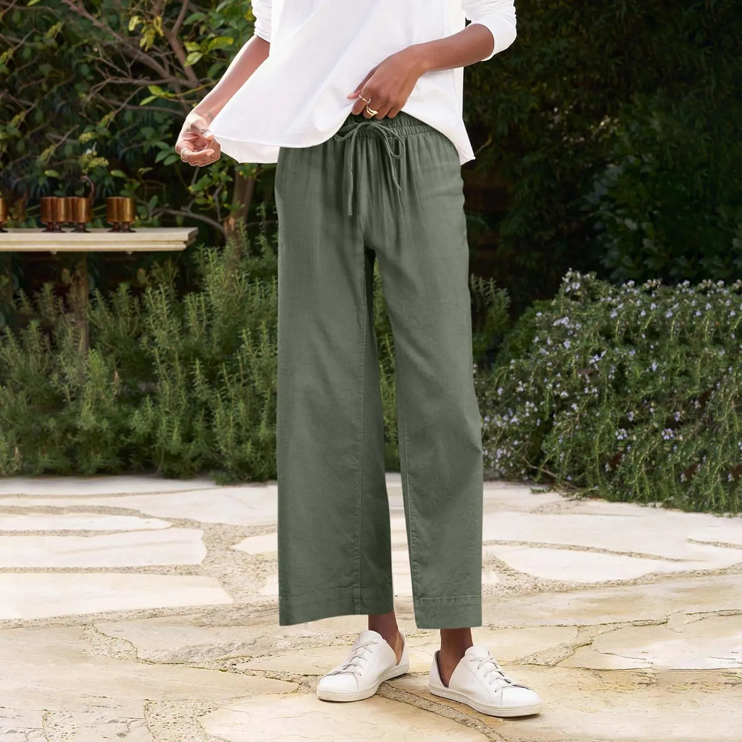 Summer Pants for Women Trendy Linen Elastic Vacation Beach Pants Wide Leg High Rise Solid Trendy Trousers with Pockets