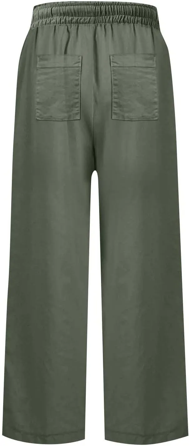 Summer Pants for Women Trendy Linen Elastic Vacation Beach Pants Wide Leg High Rise Solid Trendy Trousers with Pockets