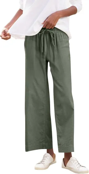 Summer Pants for Women Trendy Linen Elastic Vacation Beach Pants Wide Leg High Rise Solid Trendy Trousers with Pockets