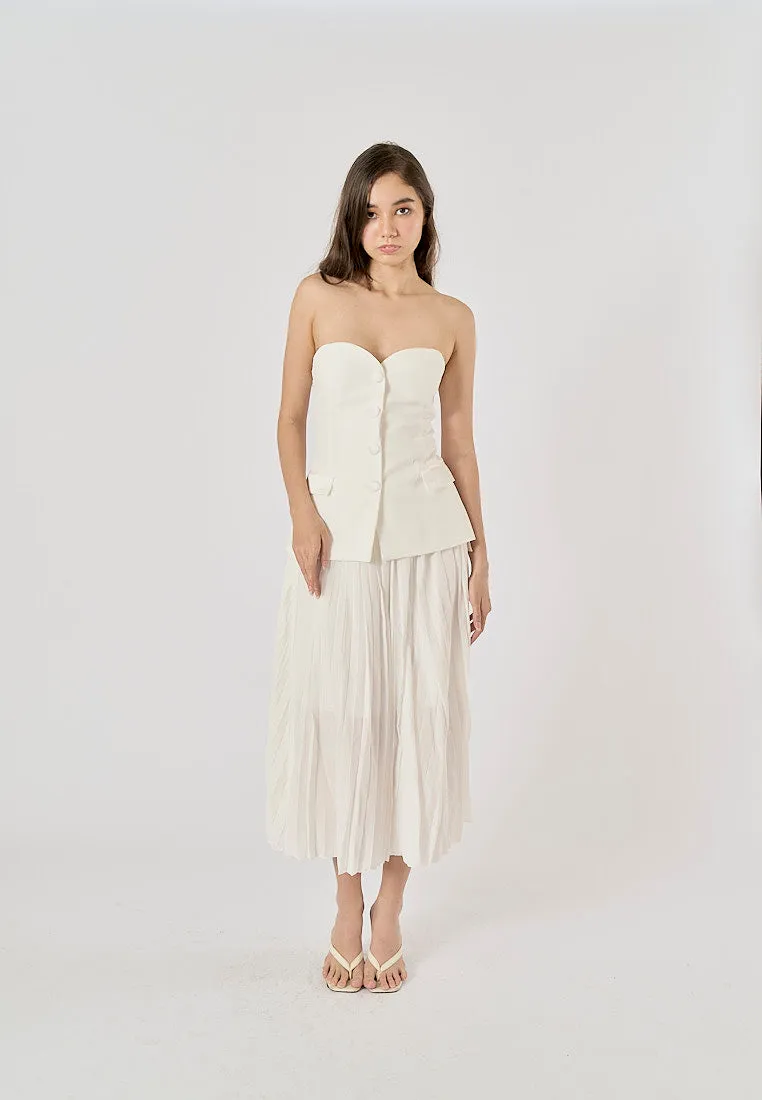 Sylvia White Pleated Elastic Waist A-Line Midi Skirt