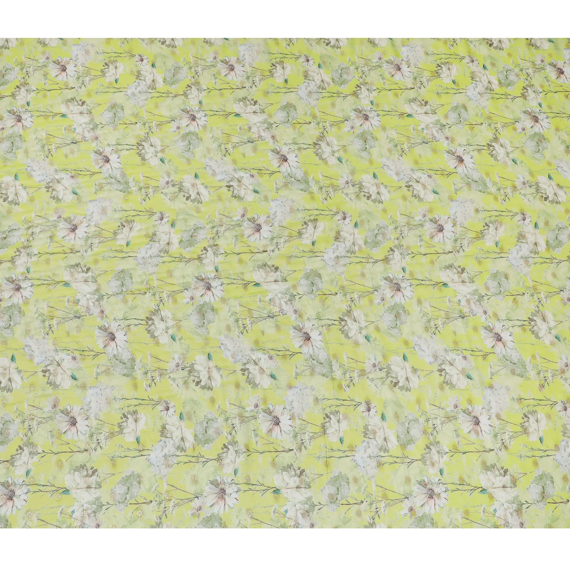 Vibrant Lime Green Synthetic Organza Fabric with Delicate Floral Design, 110 cm Width-D19699