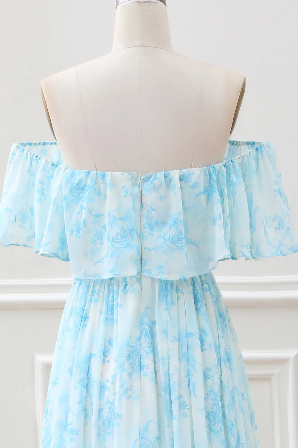 White Blue Floral Off The Shoulder Boho Maxi Dress with Ruffles