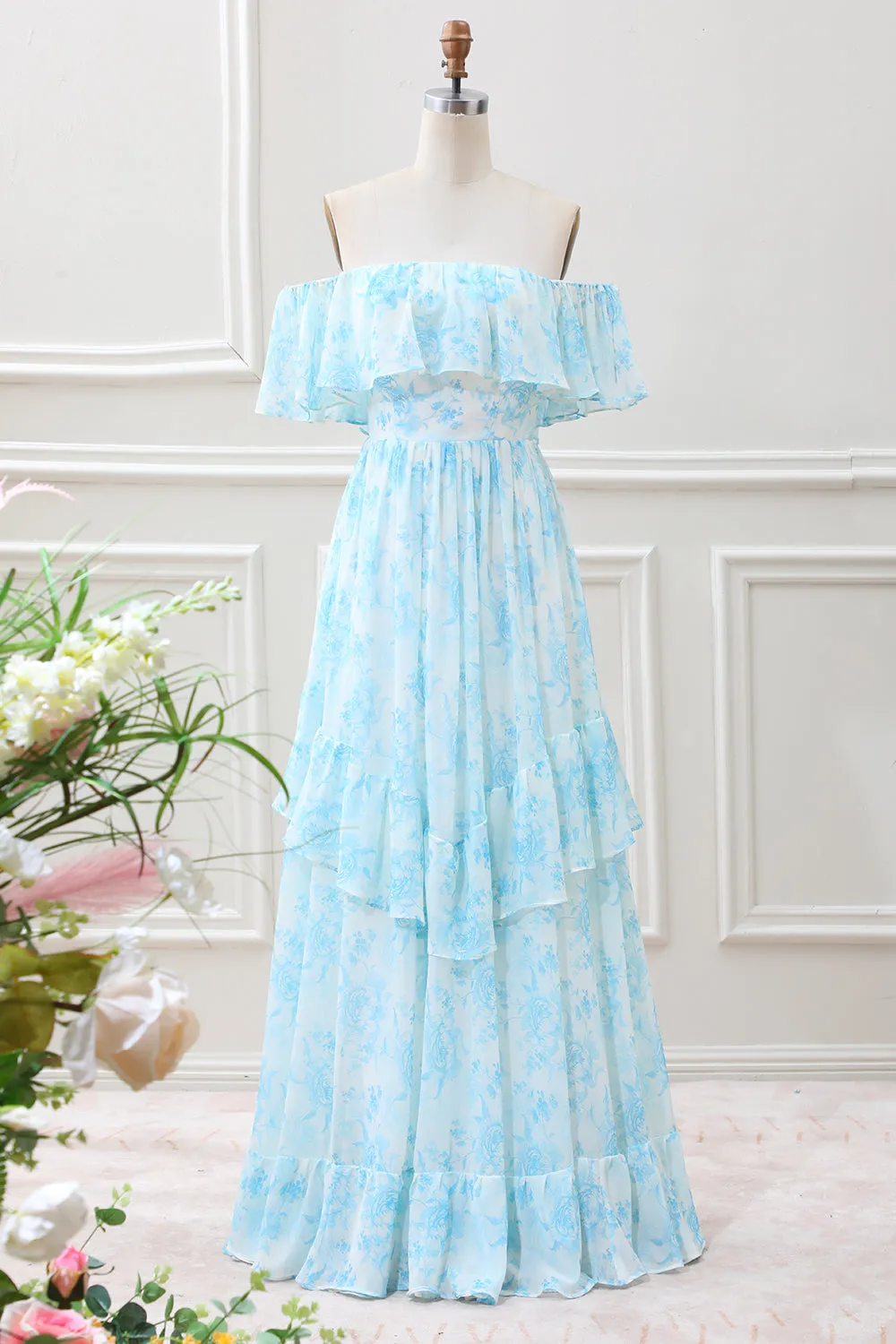 White Blue Floral Off The Shoulder Boho Maxi Dress with Ruffles