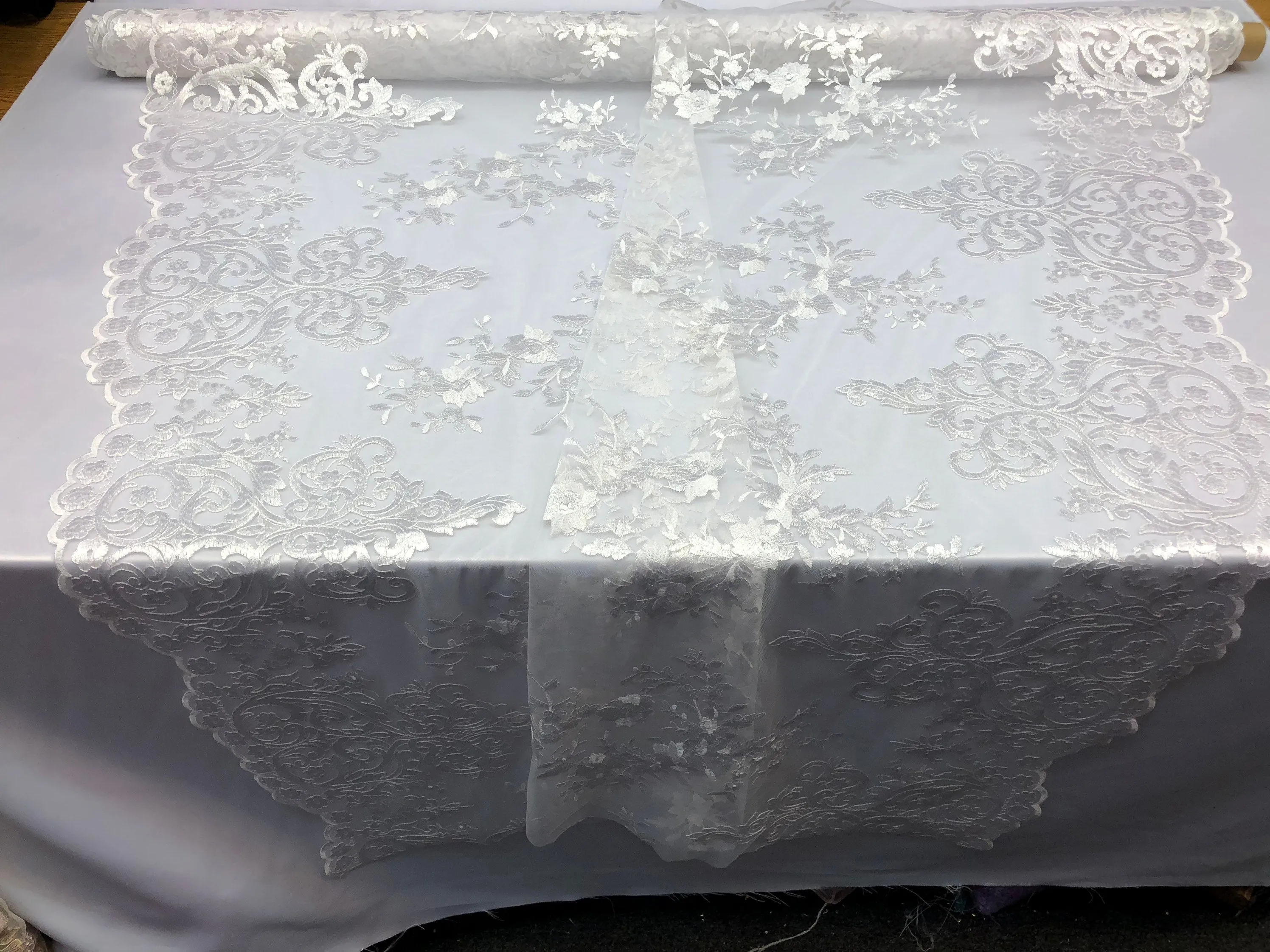 White Damask Design Embroidered on Mesh Lace Fabric, Floral Bridal Lace Wedding Dress by the Yard (Pick a Size)