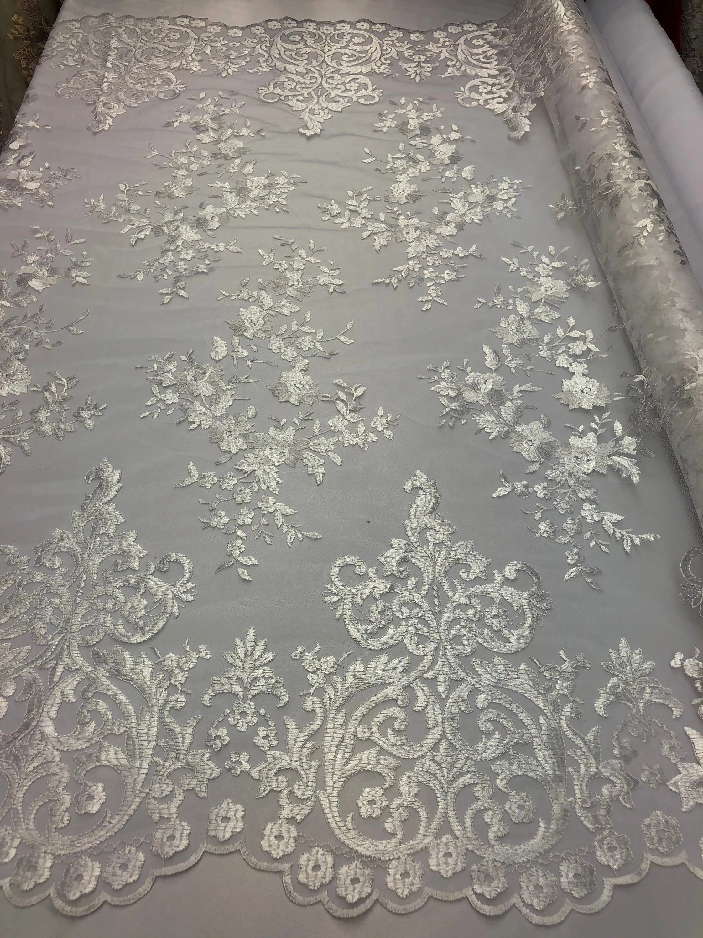 White Damask Design Embroidered on Mesh Lace Fabric, Floral Bridal Lace Wedding Dress by the Yard (Pick a Size)