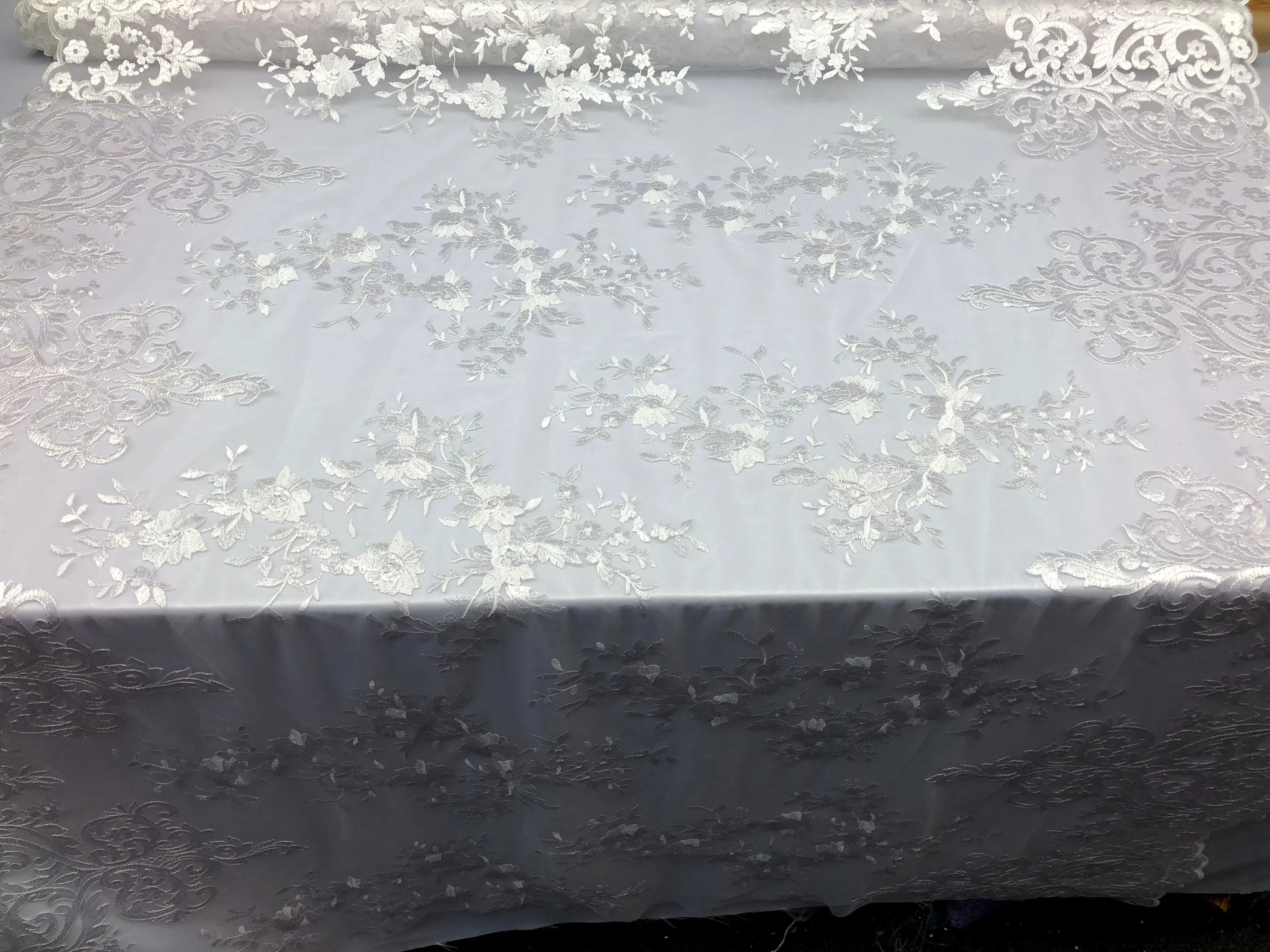 White Damask Design Embroidered on Mesh Lace Fabric, Floral Bridal Lace Wedding Dress by the Yard (Pick a Size)