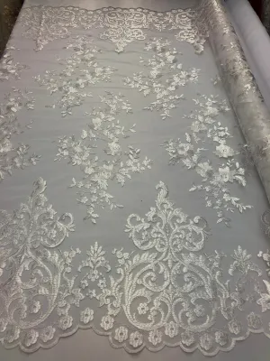 White Damask Design Embroidered on Mesh Lace Fabric, Floral Bridal Lace Wedding Dress by the Yard (Pick a Size)