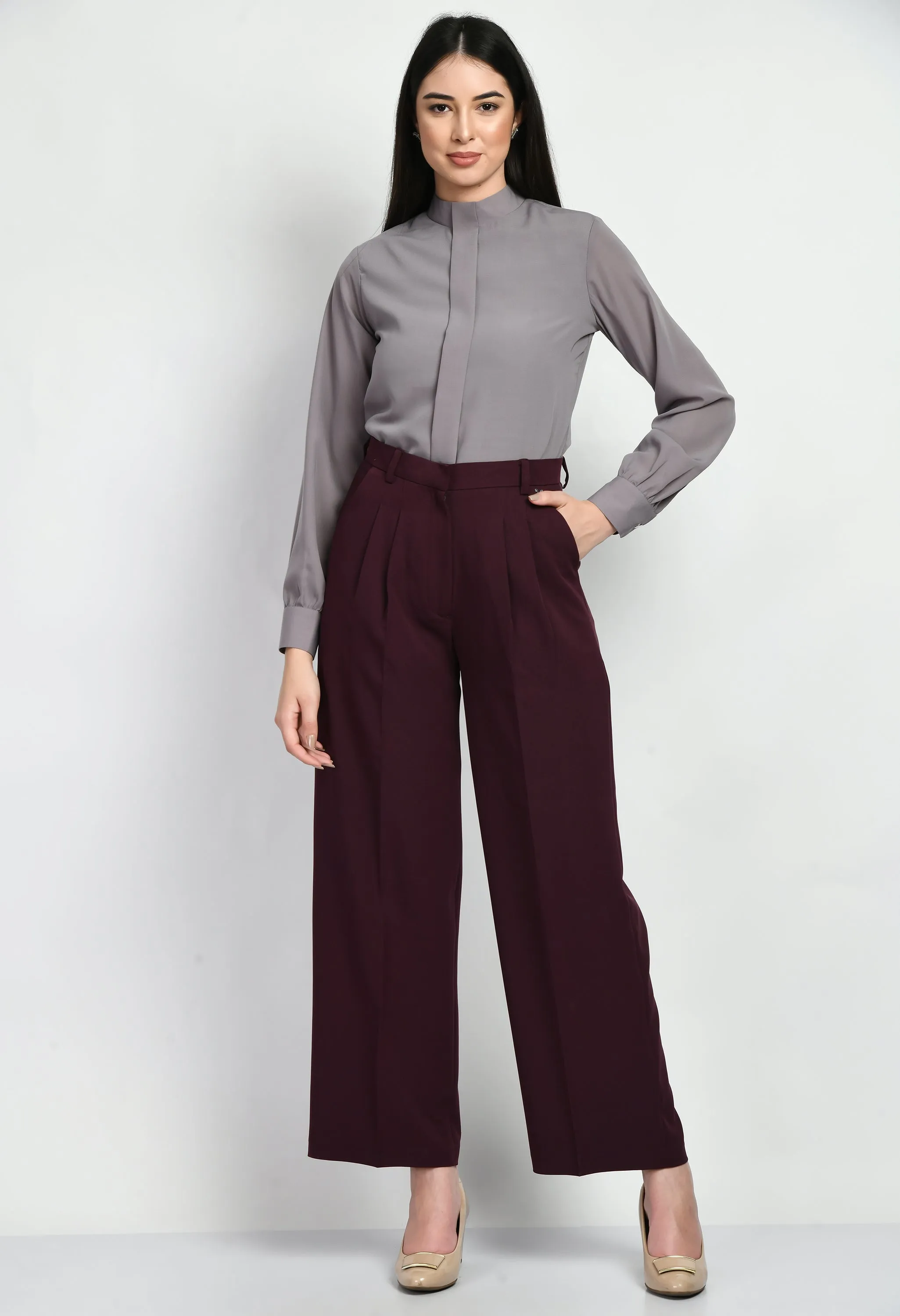 Wine Cotton Blend Influence Solid Wide Leg Trouser Only
