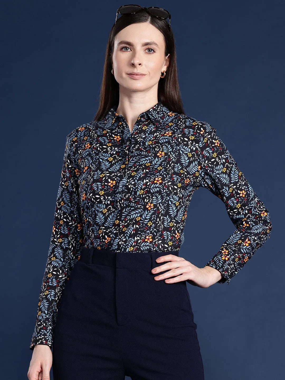 Women Black Floral Viscose Rayon Rayon Formal Shirt