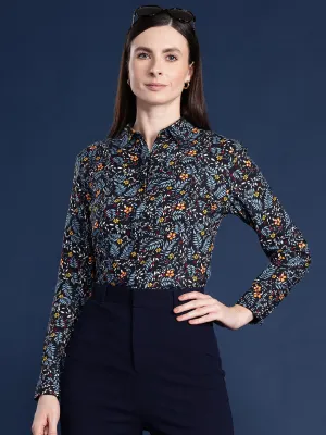 Women Black Floral Viscose Rayon Rayon Formal Shirt