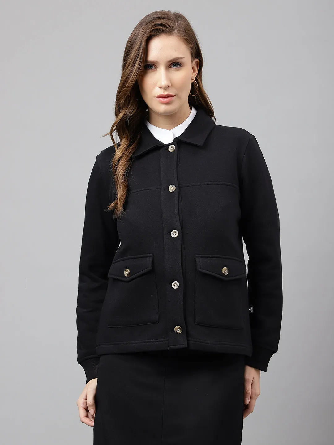 Women Black Solid Front Open Regular Collar Sweatshirt