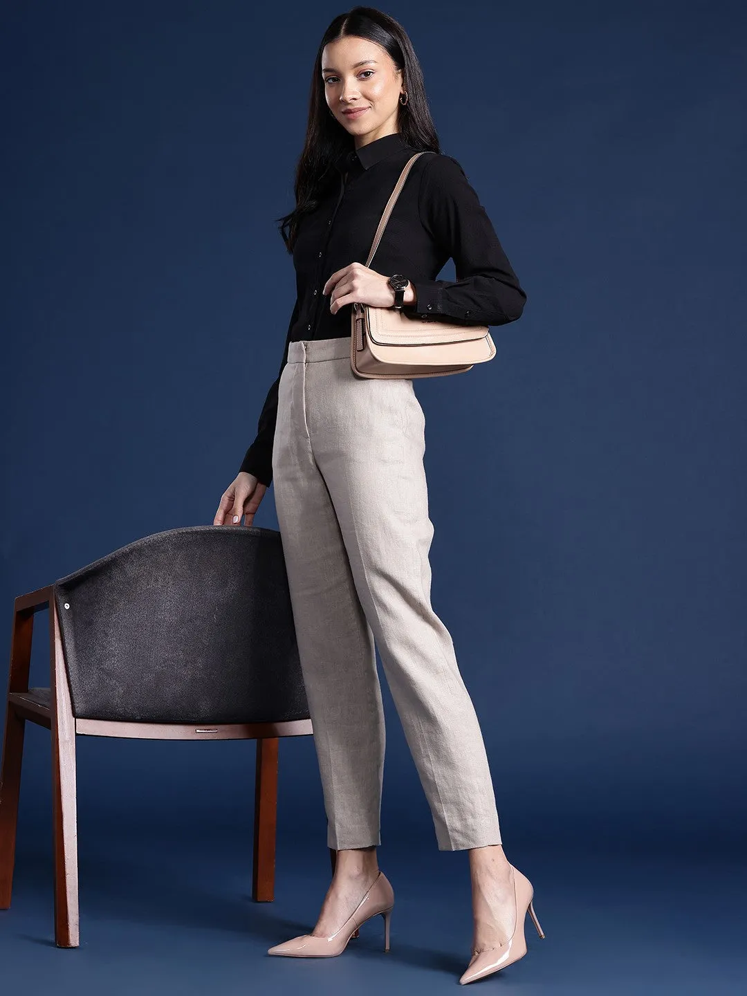 Women Black Solid Seersucker Formal Shirt